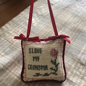 Decorative mini hanging pillow w/cross stitch